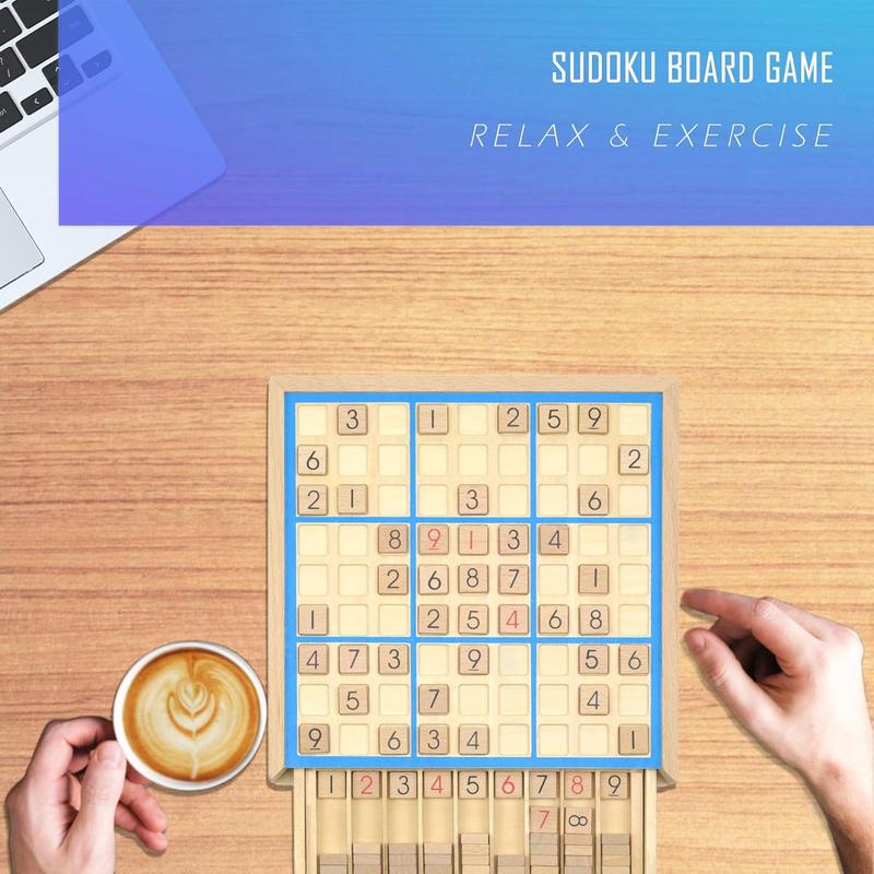 Wooden Sudoku Board Game with Drawer - 81 Grids Number Place Wood Puzzle for Kids and Adults (Blue Line)