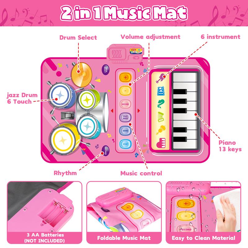 deAO Piano Mat Pink Piano & Drum Mat 2 in 1, Musical Piano Mat Toy Birthday Gift