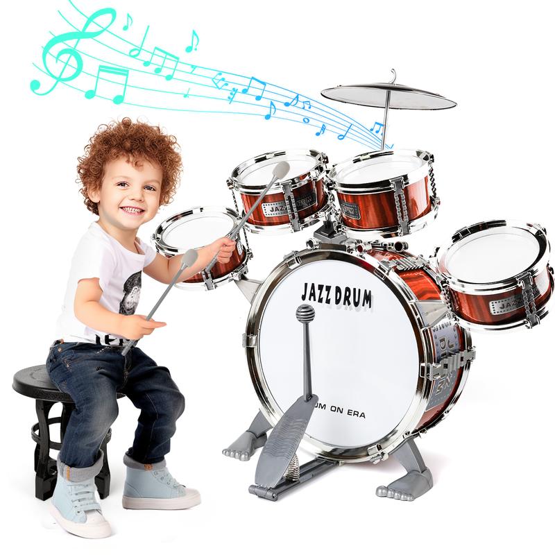 Kids Drum Set with Light Music Toy for Toddlers Rock Jazz Drum Kit with Stool Bass Drum Percussion Musical Instruments Toys for 3-5 Year Old Boys Girls Gifts Ages 3-5