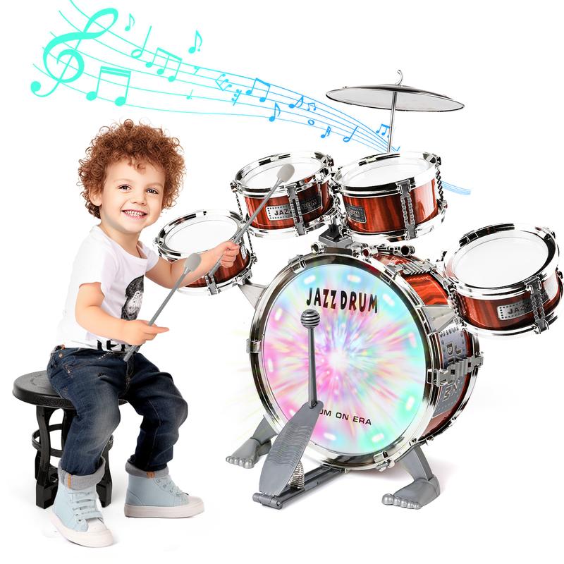 Kids Drum Set with Light Music Toy for Toddlers Rock Jazz Drum Kit with Stool Bass Drum Percussion Musical Instruments Toys for 3-5 Year Old Boys Girls Gifts Ages 3-5