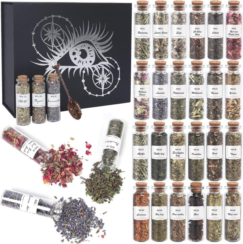 Witchcraft Supplies Flowers Kit - 24 Pieces of Set with Crystals Spoon - Witch Set for Beginners Witchcraft Supplies Kit