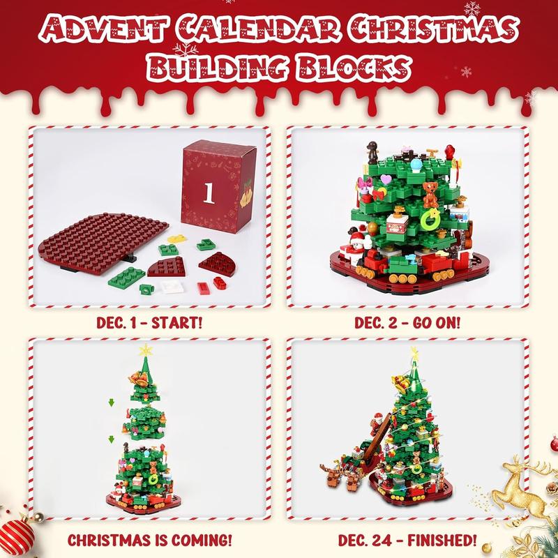 Advent Calendar 2024 Christmas Tree Building Block Set,1011 Pieces Christmas Santa Claus Moose Toy Building Kits for Adults Teen Girls Boys Gifts