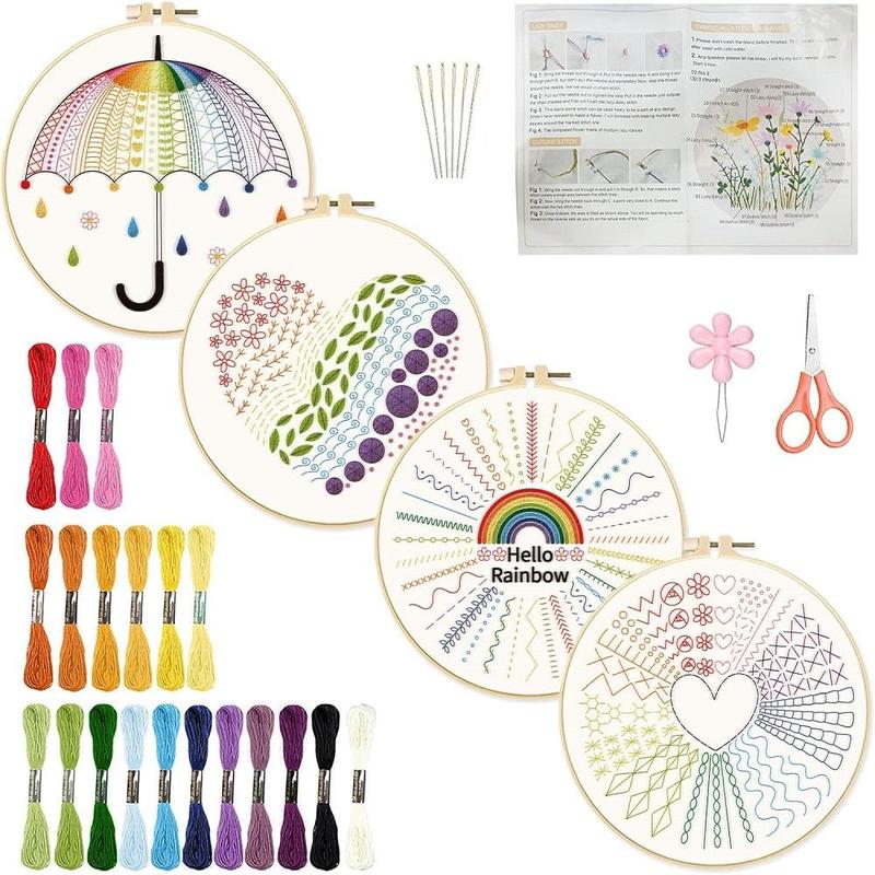 Rainbow & Heart Pattern Embroidery Kit, 4pcs set DIY Cross Stitch Set for Beginner, Stitch Accessories, Embroidery Set with Embroidery Cloth & Embroidery Hoop & Thread & Needle