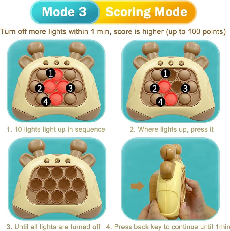 Pop Quick Push Game Console Fidget Toys Light Up Handheld Puzzle Press Popping Toy Birthday Gift for Kids Adult Brown Deer