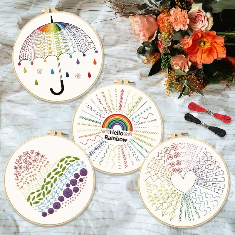 Rainbow & Heart Pattern Embroidery Kit, 4pcs set DIY Cross Stitch Set for Beginner, Stitch Accessories, Embroidery Set with Embroidery Cloth & Embroidery Hoop & Thread & Needle