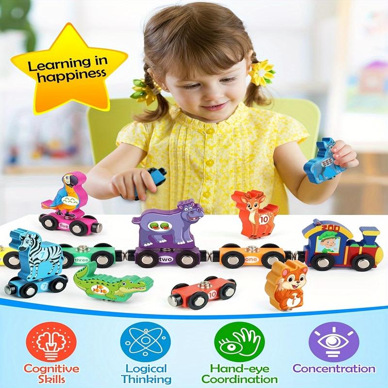 Wooden Train Set with Dinosaur Toy, Buckle Connection Dinosaur Train, Matching and Magnetic Number Train Learning Toy, Fine Motor Skills Education Toy