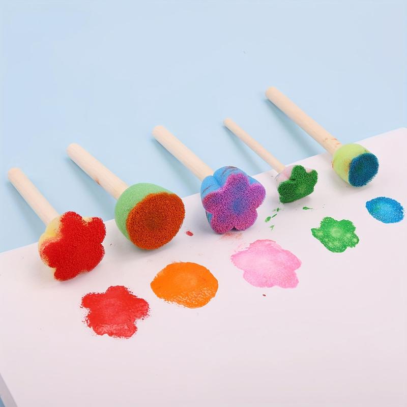 5pcs set Sponge Stamp, Mini Cute Round and Flower Shape Painting Brush with Wooden Handle for Children Painting, DIY, Craft, Scrapbooking, Drawing, Ink, Card Making, Multicolor Paint Sponge Brush