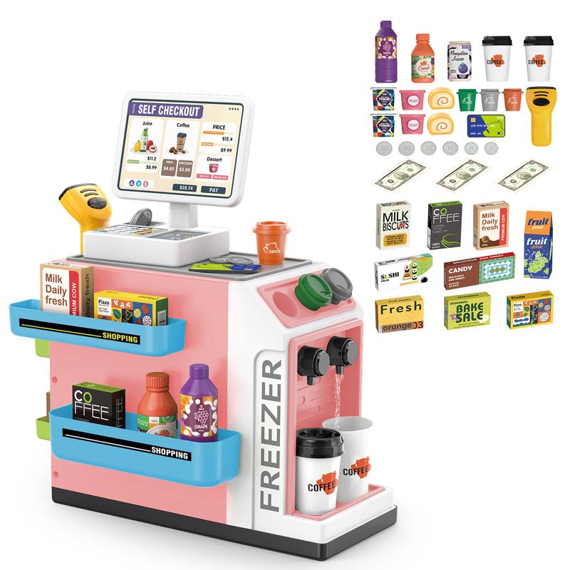 deAO Toy Register Coffee Machine Toys 3 in 1 Play Food Pretend Play Grocery Store Supermarket Playset,Water Outlet Function