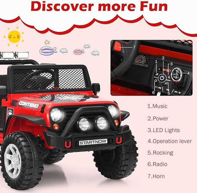 Giantex 1 2-Seater Ride on Truck, 12V Battery Powered Electric Vehicle w, 2 Speeds, Spring Suspension, LED Light, Horn, Music  MP3, 2 Doors Open, Ride on Car for Kids