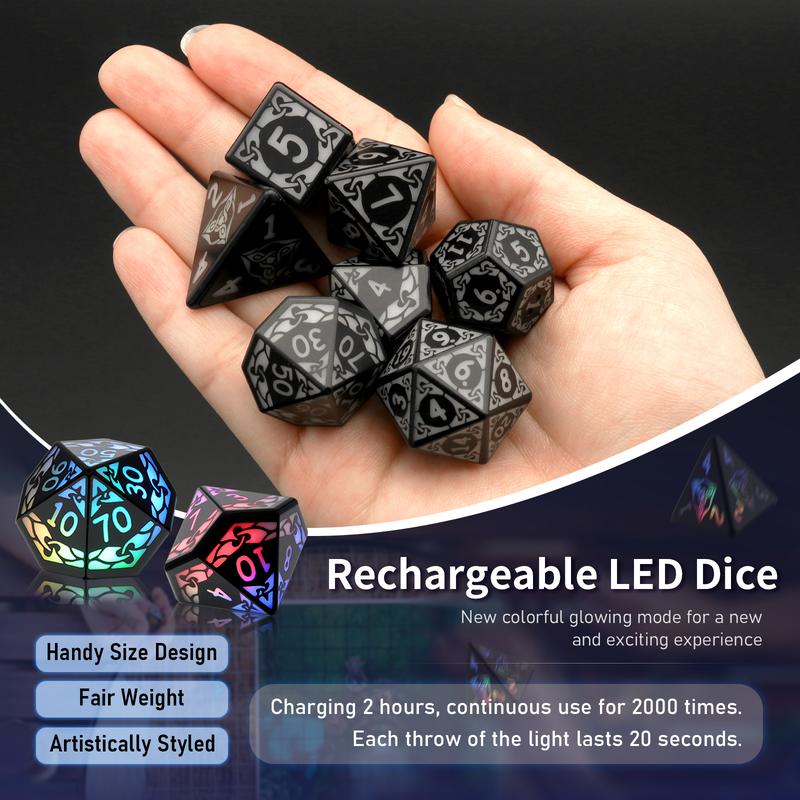 LED Dice Set of 7, DND Dice Rechargeable with Charging Box, Shake to Light Up Colorful Dice, ZHOORQI Dungeon and Dragons Dice for D&D Table Games