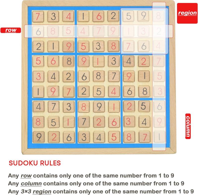 Wooden Sudoku Board Game with Drawer - 81 Grids Number Place Wood Puzzle for Kids and Adults (Blue Line)