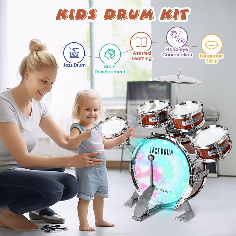 Kids Drum Set with Light Music Toy for Toddlers Rock Jazz Drum Kit with Stool Bass Drum Percussion Musical Instruments Toys for 3-5 Year Old Boys Girls Gifts Ages 3-5