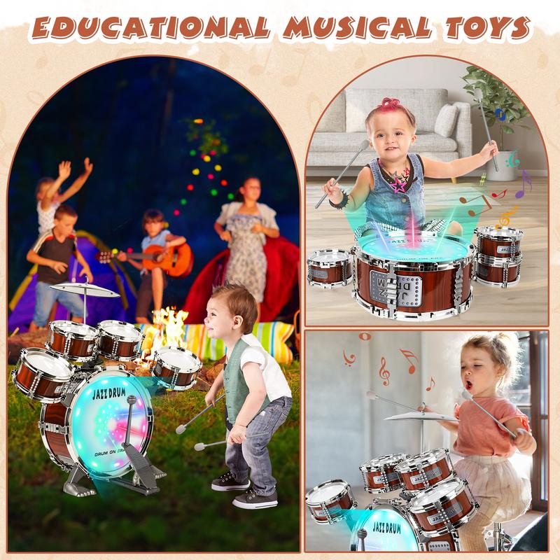 Kids Drum Set with Light Music Toy for Toddlers Rock Jazz Drum Kit with Stool Bass Drum Percussion Musical Instruments Toys for 3-5 Year Old Boys Girls Gifts Ages 3-5