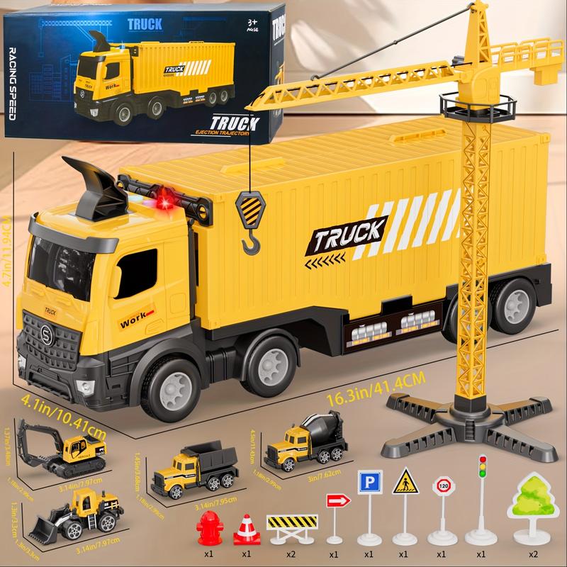 Construction Truck Toys Set - 3-6+ Years Old Boys' Carrier Truck with Crane, Excavator, Bulldozer, Dump Trucks, Cement Truck, Alloy Vehicle Toys