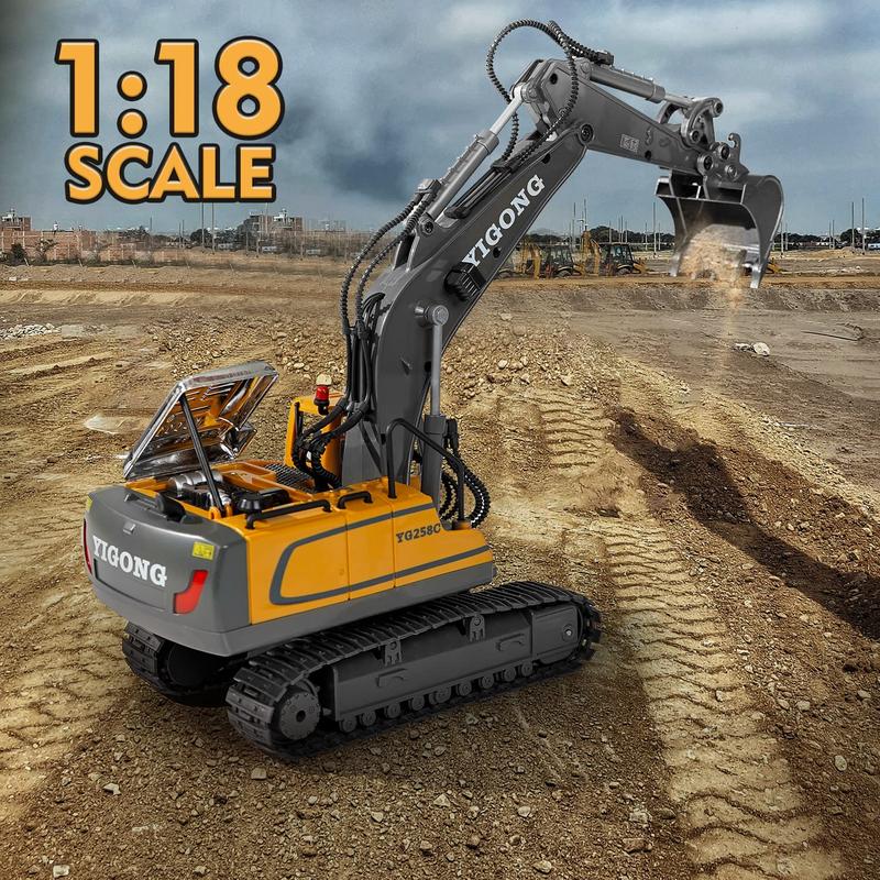 RC Excavator Toy for Kids - 11 Channel Remote Control, 2.4GHz, 1:18 Scale, 680° Rotation with Lights & Music, Best Gift for Boys & Girls, Construction Vehicle Model