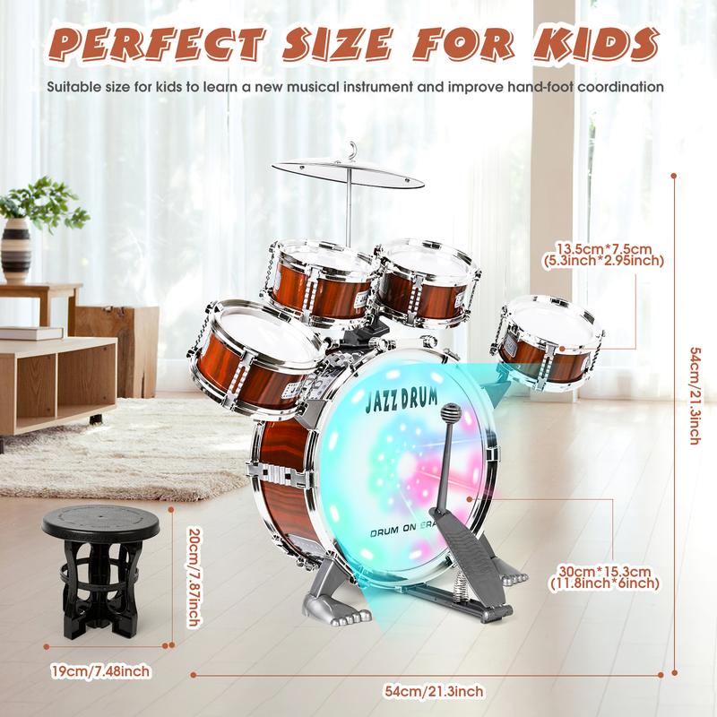 Kids Drum Set with Light Music Toy for Toddlers Rock Jazz Drum Kit with Stool Bass Drum Percussion Musical Instruments Toys for 3-5 Year Old Boys Girls Gifts Ages 3-5