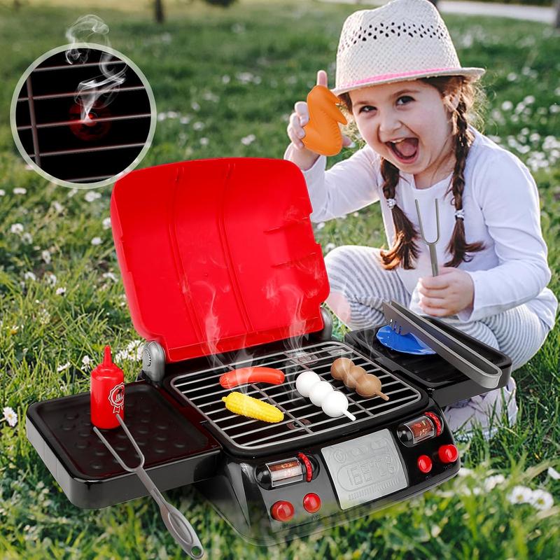 Kids Play Food Kitchen Playset - BBQ Grill Cooking Toy with Realistic Spray, Light & Sound - Perfect Birthday Gift for Boys & Girls