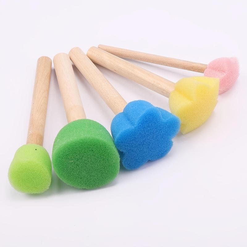 5pcs set Sponge Stamp, Mini Cute Round and Flower Shape Painting Brush with Wooden Handle for Children Painting, DIY, Craft, Scrapbooking, Drawing, Ink, Card Making, Multicolor Paint Sponge Brush