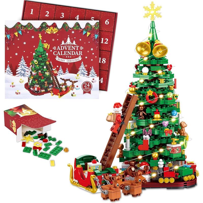 Advent Calendar 2024 Christmas Tree Building Block Set,1011 Pieces Christmas Santa Claus Moose Toy Building Kits for Adults Teen Girls Boys Gifts