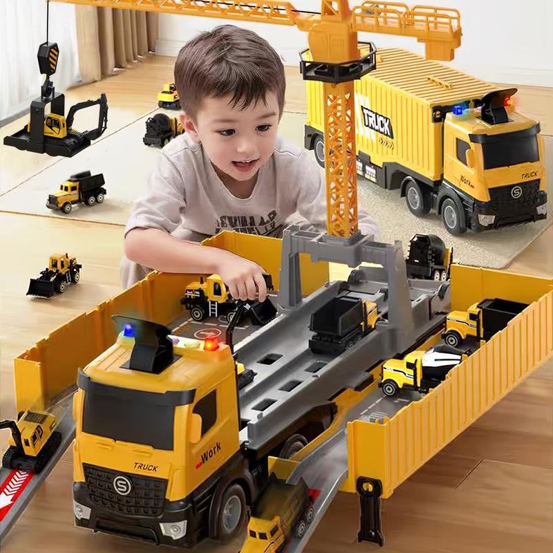 Construction Truck Toys Set - 3-6+ Years Old Boys' Carrier Truck with Crane, Excavator, Bulldozer, Dump Trucks, Cement Truck, Alloy Vehicle Toys