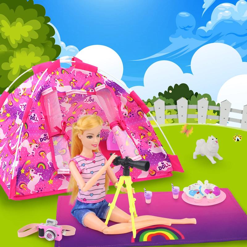 15 Pcs Doll Camping and Accessories Set for 11.5 Inch Girl Doll includes Doll Tent, Clothes, Chair, Camera, Drink, Cupcake, Donut, Telescope, Toy Dog, Bag