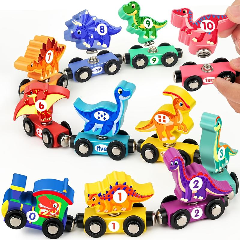 Wooden Train Set with Dinosaur Toy, Buckle Connection Dinosaur Train, Matching and Magnetic Number Train Learning Toy, Fine Motor Skills Education Toy