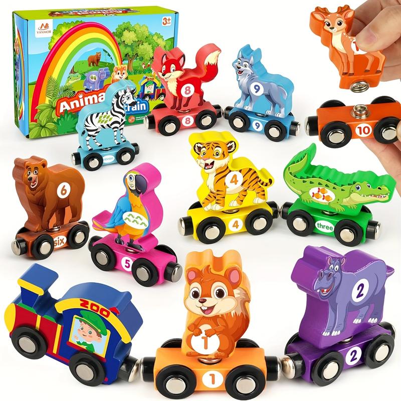 Wooden Train Set with Dinosaur Toy, Buckle Connection Dinosaur Train, Matching and Magnetic Number Train Learning Toy, Fine Motor Skills Education Toy