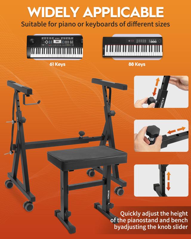 STRICH Piano Keyboard Stand & Bench Set, Portable Heavy Duty Digital Piano Stand for 54-88 Key Electric Pianos & Adjustable Piano Bench, Chair, Stool