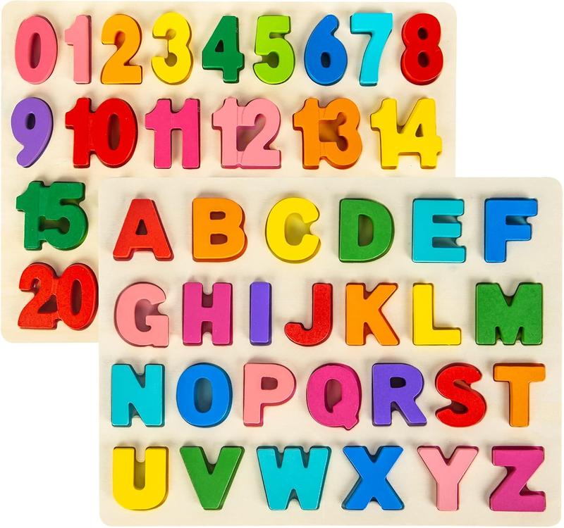 Wooden Puzzles for Toddlers, Alphabet Puzzle and Number Puzzle, 2 in 1 Preschool Educational Learning Toys with Chunky Wood ABC Puzzle Board, for Girls Boys Kindergarten Set of 2