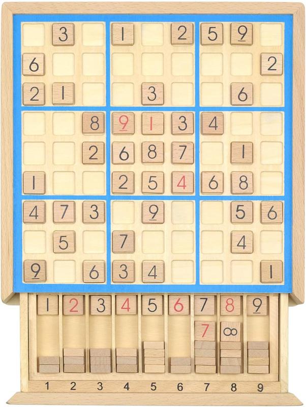 Wooden Sudoku Board Game with Drawer - 81 Grids Number Place Wood Puzzle for Kids and Adults (Blue Line)