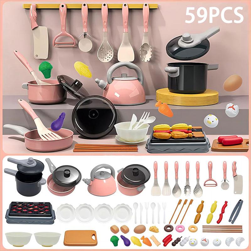 59Pcs Kids Kitchen Toy Accessories, Toddler Pretend BBQ Camping Cooking Playset, Play Pots, Pans, Utensils Cookware Toys, Play Food Set, Vegetables, Learning Gift for Girls Boys win fun