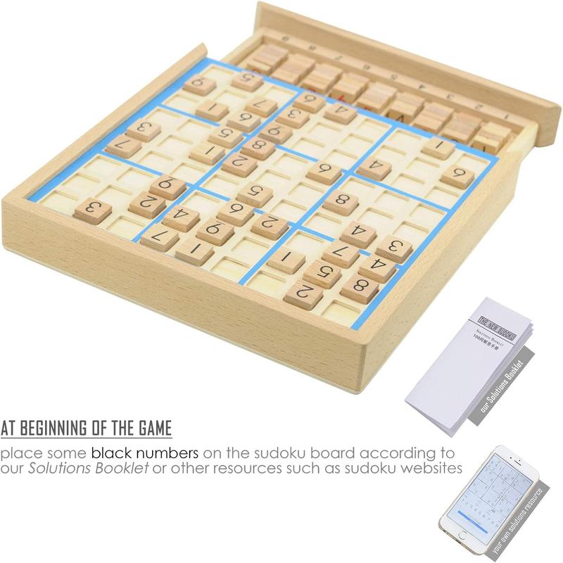 Wooden Sudoku Board Game with Drawer - 81 Grids Number Place Wood Puzzle for Kids and Adults (Blue Line)