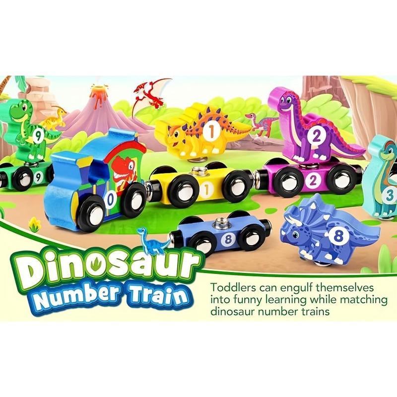 Wooden Train Set with Dinosaur Toy, Buckle Connection Dinosaur Train, Matching and Magnetic Number Train Learning Toy, Fine Motor Skills Education Toy