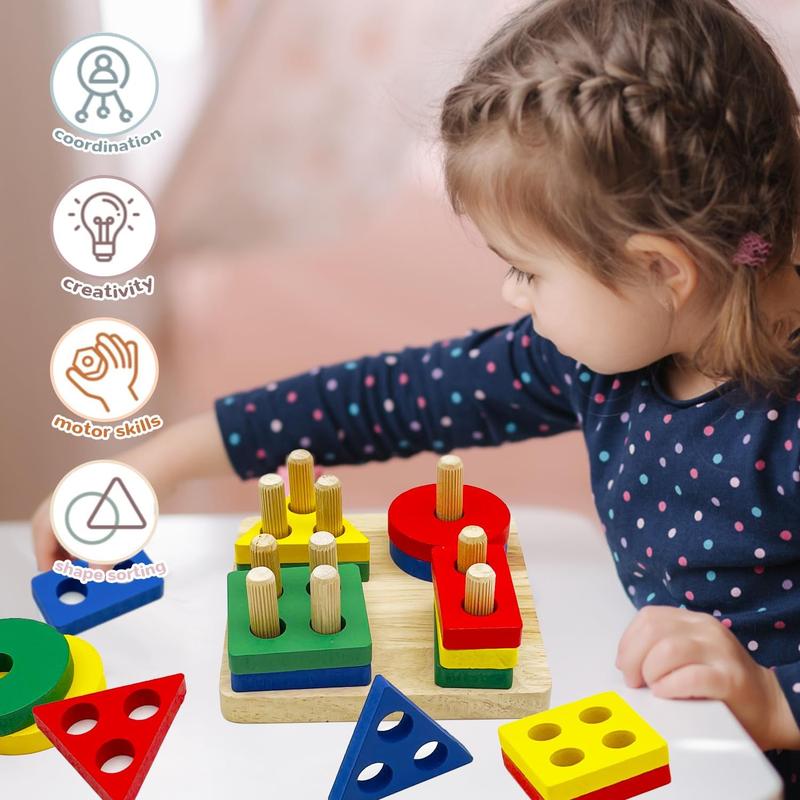 Wooden Sorting & Stacking Toys, Montessori Toys for 3 4 5 Years Old Toddlers, Color Recognition Stacker Shape Sorter Puzzles, Gift for Baby Boys Girls…