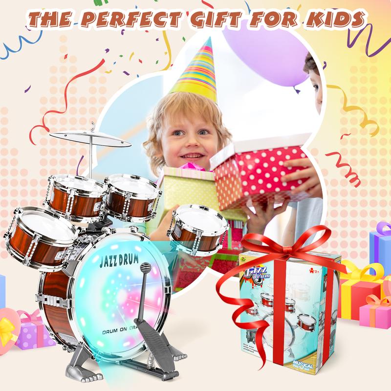 Kids Drum Set with Light Music Toy for Toddlers Rock Jazz Drum Kit with Stool Bass Drum Percussion Musical Instruments Toys for 3-5 Year Old Boys Girls Gifts Ages 3-5