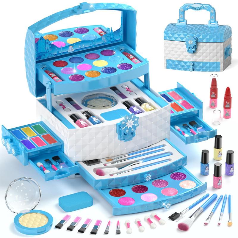 Makeup Set ，56 Pcs Washable Real Cosmetic, Safe & Non-Toxic Frozen Toys Makeup Kit, Frozen Princess Dress up Kit Christmas & Birthday Girl Gift