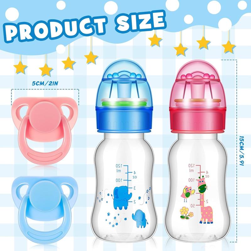 4 Pieces Reborn Baby Doll Accessories, Includes 2 Magnetic Pacifier and 2 Baby Doll Bottles Baby Doll Pacifier Feeding Bottle for Reborn Dolls, Random Pattern, Pink and Blue (Cute)