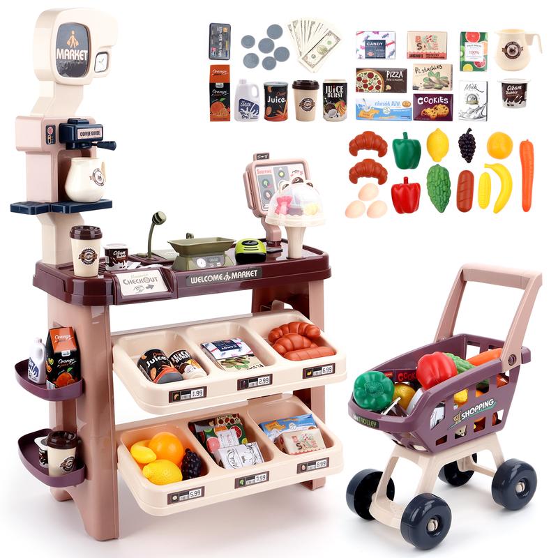 deAO Supermarket Playset Grocery Store Pretend Play Role Market Stall Toy Shop with Shopping Cart, Plays Kitchen Set