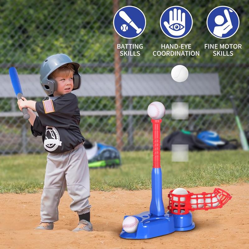 Exergoo 4-in-1 T Ball Set- Height Adjustable Tee Ball Set with 6 Baseballs,  Baseball Tee for 4-8,Indoor Outdoor  Toys for Boys Blue(Tball Bat Batting Tee Hanging Tee Pitching Machine)