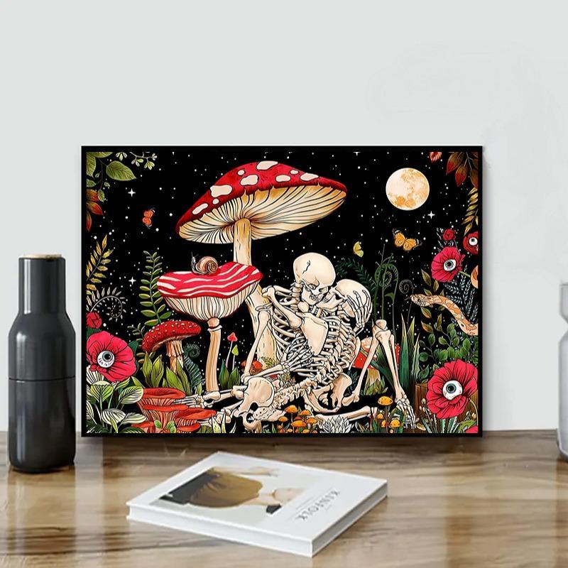 DIY Artificial Rhinestones Art Picture without Frame, Halloween Mushroom Skull Couple Pattern DIY Diamonds Art Painting Kit, Handmade Craft Wall Art Decoration