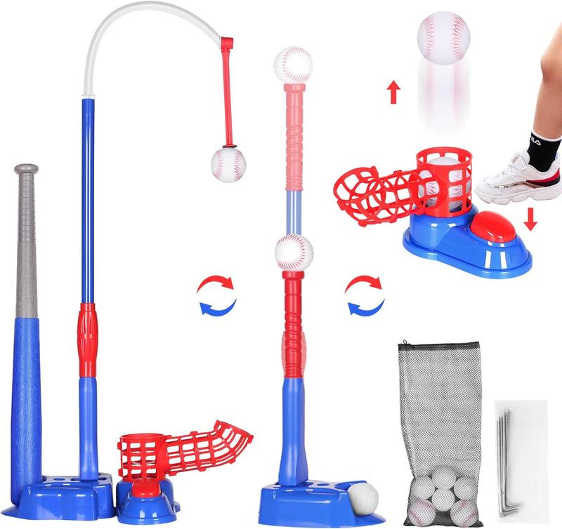 Exergoo 4-in-1 T Ball Set- Height Adjustable Tee Ball Set with 6 Baseballs,  Baseball Tee for 4-8,Indoor Outdoor  Toys for Boys Blue(Tball Bat Batting Tee Hanging Tee Pitching Machine)