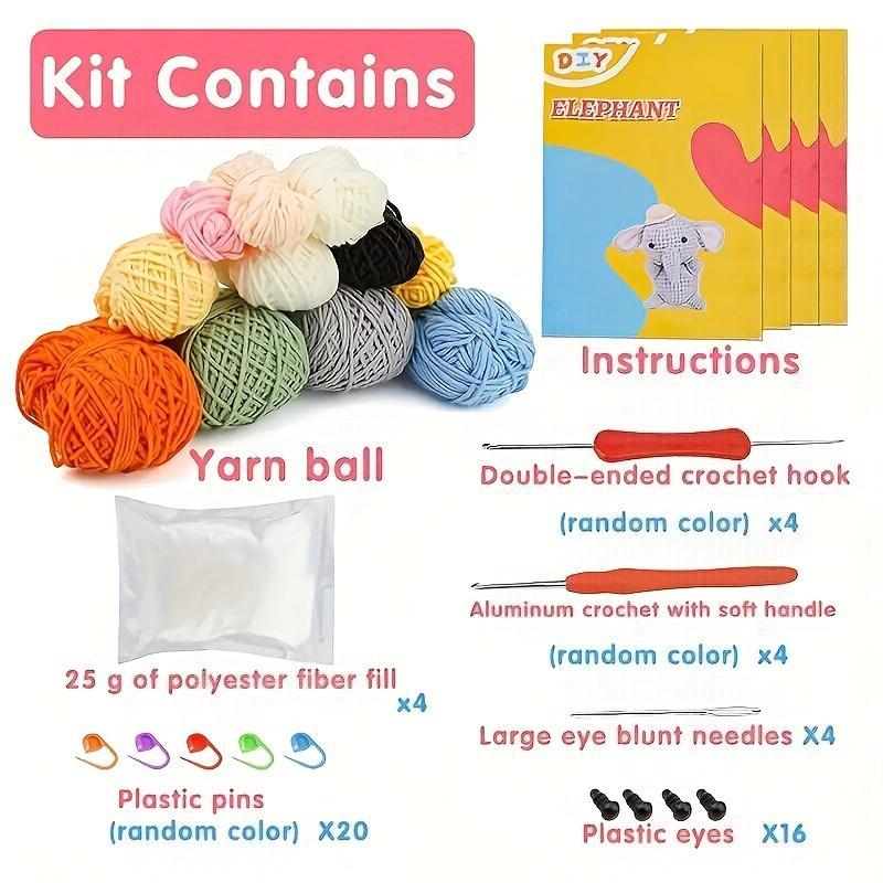 Cute Animal Crochet Kit, 1 Set 4 Patterns Crochet Kit with Crochet Hook & Yarn Balls & Instructions & Needles, Accessories Kit Starter for Beginners, Stocking Fillers Gift, Crochet