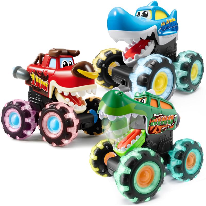  Christmas 2024 Gifts 3 Pack Monster Truck Toy, Motion Activated Light-Up Cars, Press & Go Cars for Boys Girls