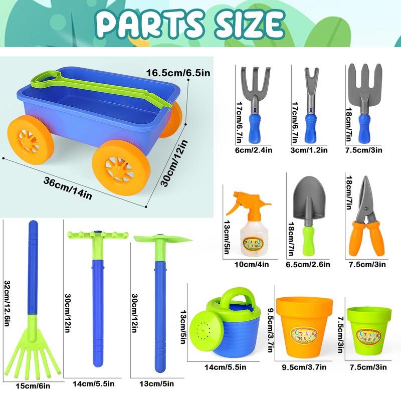 deAO Garden Wagon Wheelbarrow and Gardening Tools Play Set Includes 10 Accessories and 4 Plant Pots, Great Outdoor Toys Gardening Set