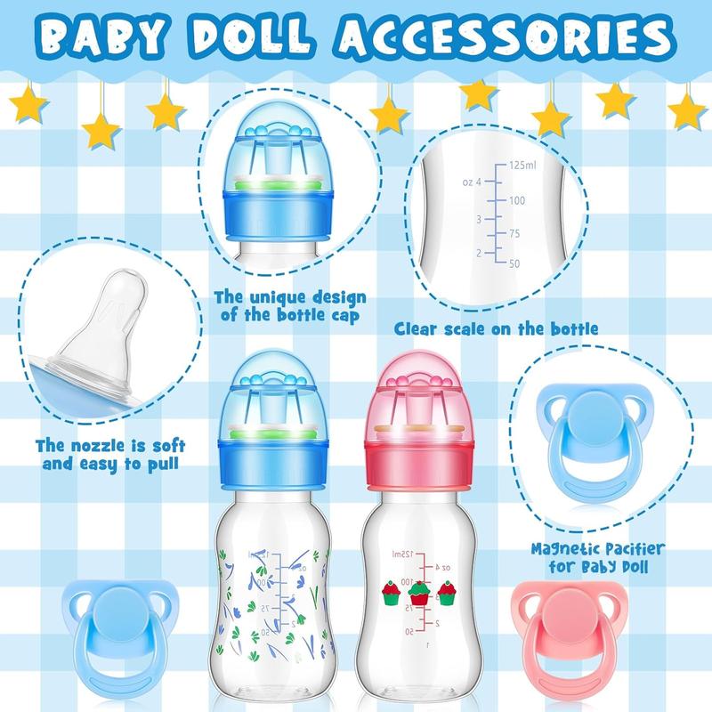 4 Pieces Reborn Baby Doll Accessories, Includes 2 Magnetic Pacifier and 2 Baby Doll Bottles Baby Doll Pacifier Feeding Bottle for Reborn Dolls, Random Pattern, Pink and Blue (Cute)