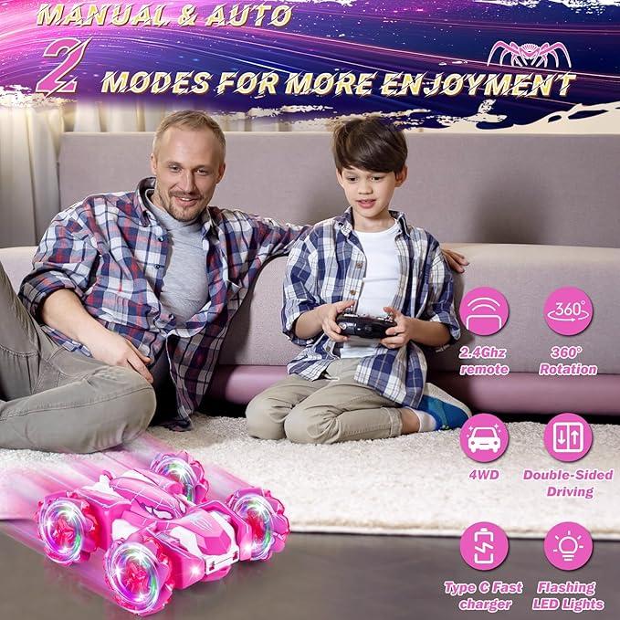 Spider Remote Control Stunt Car, 2.4Ghz Double Sided RC Toy Cars with LED Light 360° Rotating RC Drift Car Pink