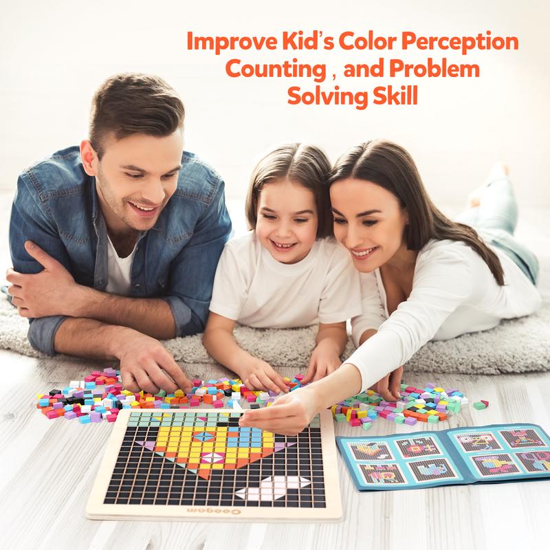 Coogam 370pcs Wooden Mosaic Puzzle, 8 Color Shape Pattern Blocks Pixel Board STEM Toys for 4 5 6 7 Years Old Kids