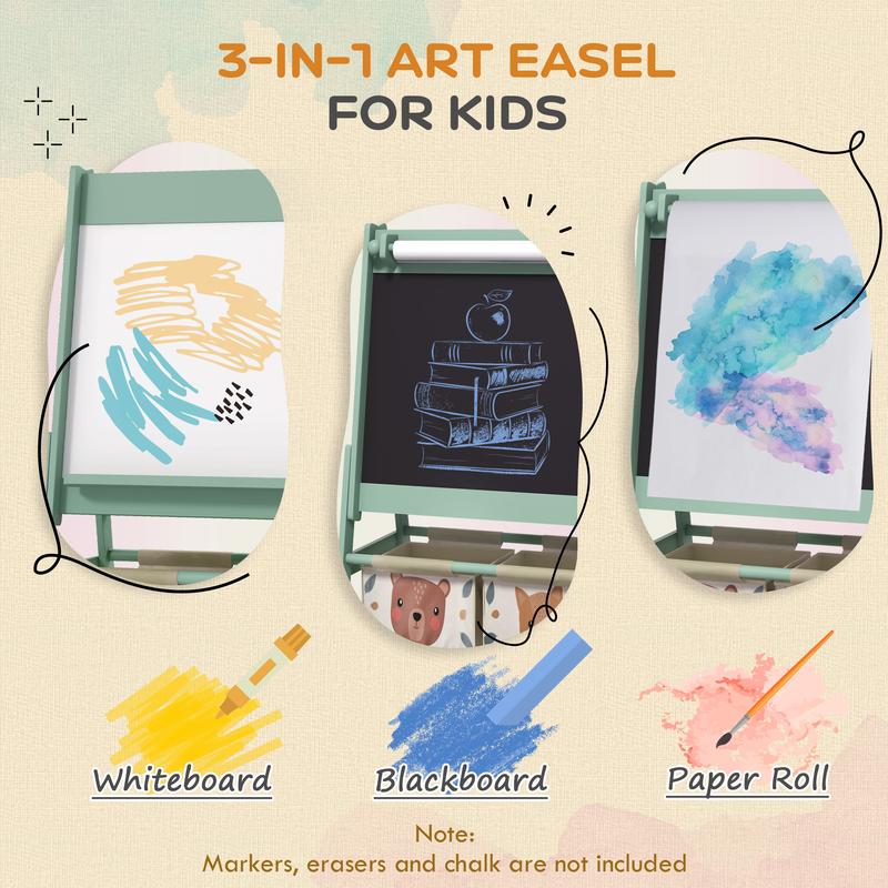 Qaba Art Easel for Kids with Paper Roll, 3 in 1 Toddler Painting Easel with Blackboard, Whiteboard, Storage Baskets