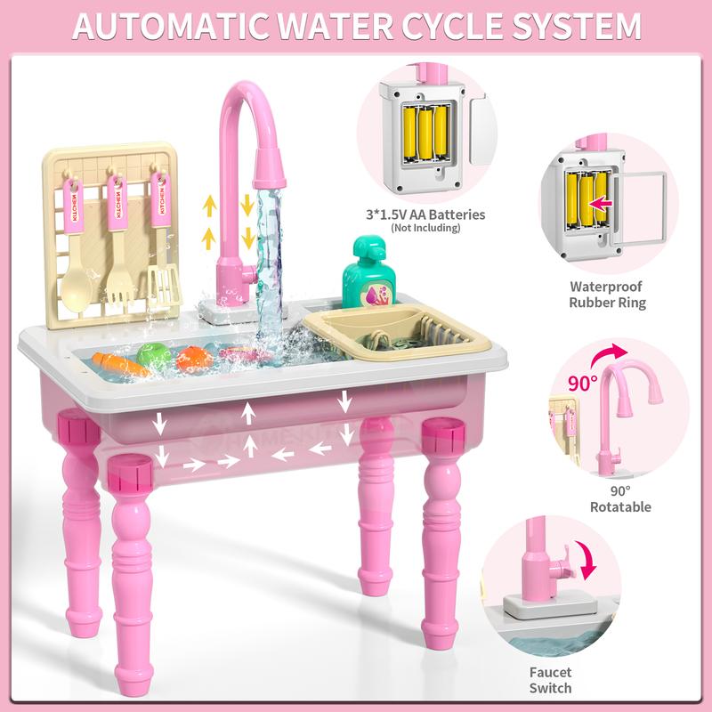 Kitchen Sink with Faucet and Tap Water Circulation, MerryChristmas Gift,Brithday Gift,Fruit&Vegetable&Tableware Toy Accessories, Pretend Play,Role Play Kitchen Sink Toy,Kitchen Experience Set