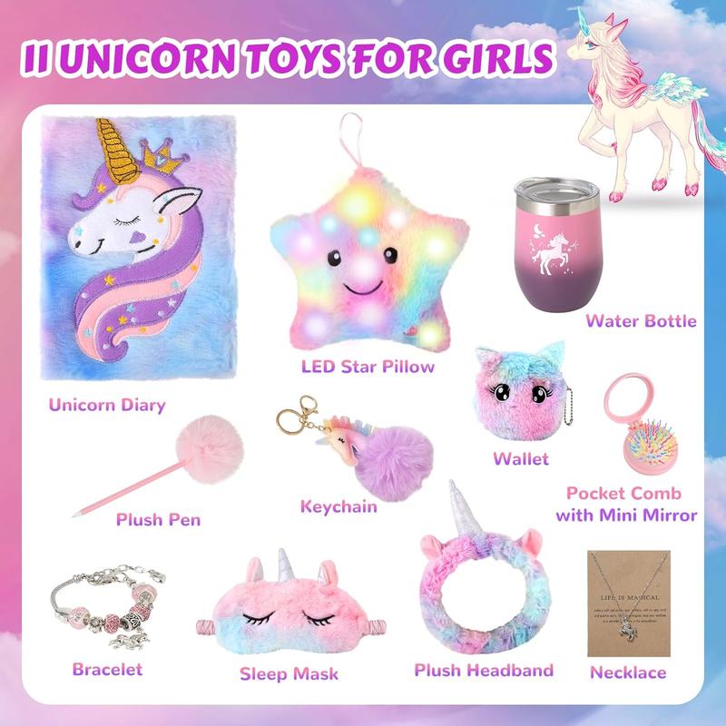 Unicorns Gifts for Girls 5 6 7 8 9 10+ Years Old, Kids Unicorn Toys with Light Up Plush Star Pillow  Diary  Headband  Eye Mask  Water Bottle, Soft Plush Toys Set for Teens Birthday Gifts Christmas